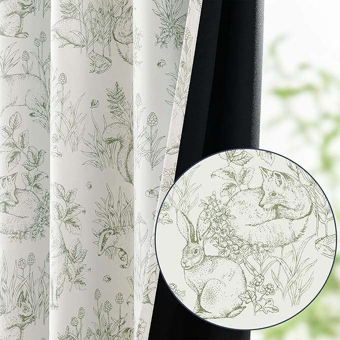 jinchan Blackout Nursery Curtains 84 Inches Long, Bunny Woodland Toile Curtains Sage Green on Beige Animal Printed Drapes for Bedroom Rod Pocket Thermal Insulated Farmhouse Window Treatment 2 Panels