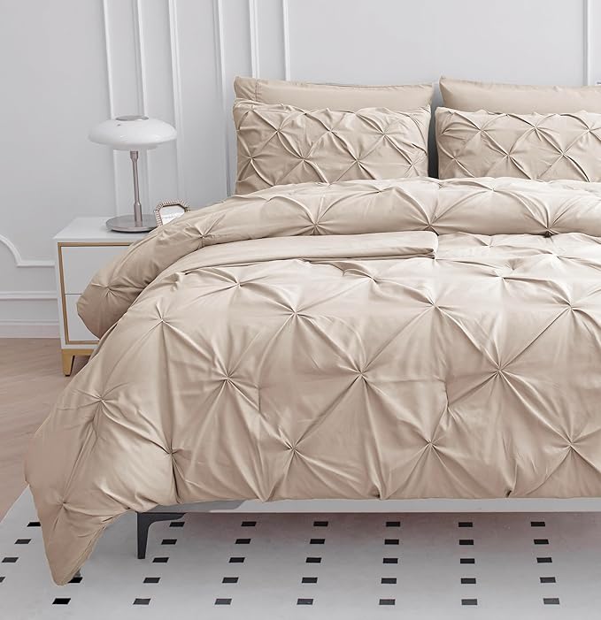 LANE LINEN Queen Comforter Set - 7 Pieces Pintuck Bed in A Bag, Queen Bed Set with Comforters, Sheets, Pillowcases & Shams, Bedding Set - Beige