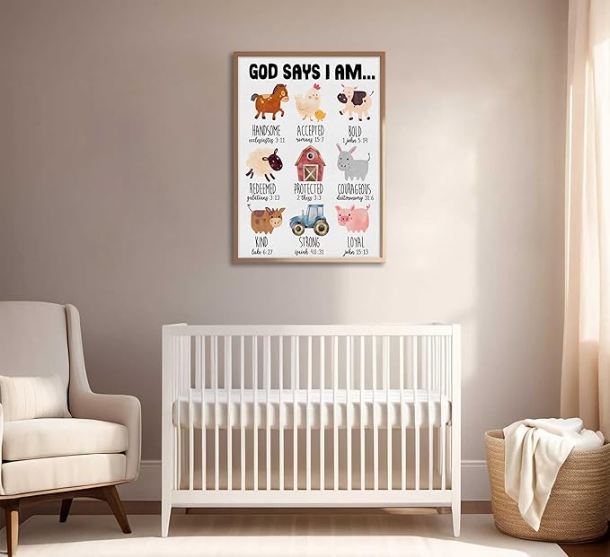 Framed Christian Nursery Canvas Wall Art God Says I Am Inspirational Bible Verses Farm Animals Painting Pictures Wall Decor Posters Prints Artwork For Kids Girls Bedroom Playroom Baby Room