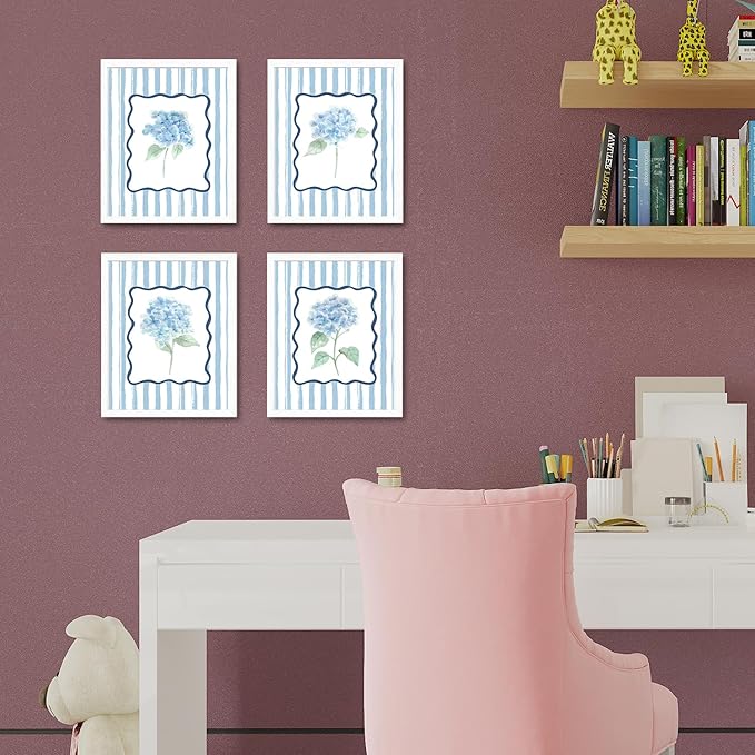 JINYO Retro Blue Hydrangea Floral Wall Art Prints Set of 4, Floral Room Decor, Rustic Blue and White Striped Botanical Flower Posters Pictures Wall Decor for Home Bedroom, 12x16 Unframed