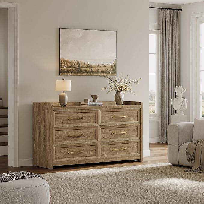SICOTAS 6 Drawer Dresser for Bedroom-56.4" Extra-Wide Wooden Chest of Drawers with Large Storage, Long Dresser TV Stand with Drawers, Mid Century Modern Closet Dressers for Nursery, Brown Oak