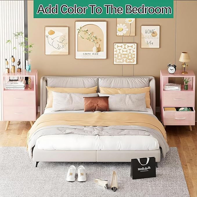 Night Stand, Pink Kids Nightstand with 2 Fabric Drawers, Nursery Side Table with Open Storage, 3-Tier Modern End Table, Bedside Table for Small Space, Living Room, Bedroom