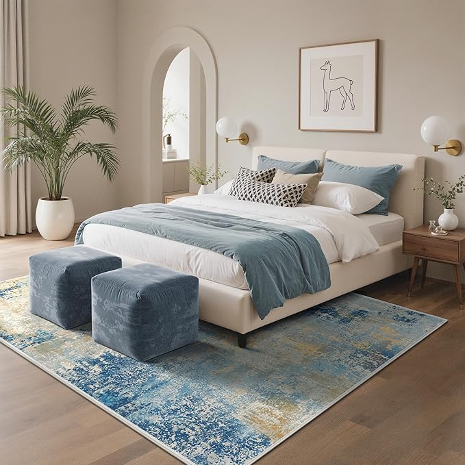 5x7 Area Rugs Washable Blue Rug for Living Room Bedroom, Abstract Modern Large Rug Non Slip, Water Repellent Low Pile Soft Carpet for Dining Room, Blue Ivory