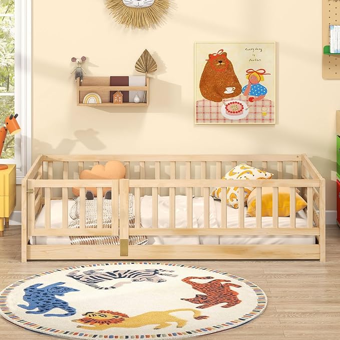 Giantex Twin Floor Bed with High Fence & Door, Montessori Floor Bed with 21.5" Safety Guardrails, Solid Wood Twin Beds Frame for Kids Girls, Boys, Without Slats, Natural