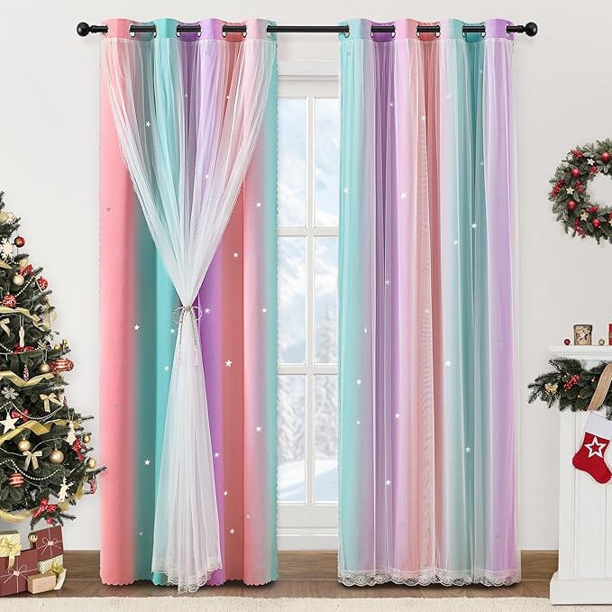 XiDi Curtains for Nursery Girls Bedroom Decor 84 Inches Long, Full Blackout for Kids Princess Room, Colorful Rainbow Design, Unicorn Wall Decor Ombre Curtains, Pink/Purple/Green, W34 X L84 2 Panels