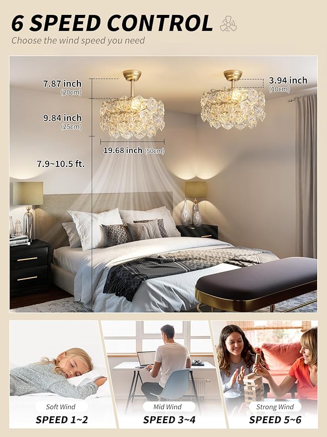 20" Gold Crystal Fandelier Ceiling Fan with Light, Mid-Century Chandelier Ceiling Fan with Light Remote Control, 6 Speeds for Bedroom, Nursery, Living Room