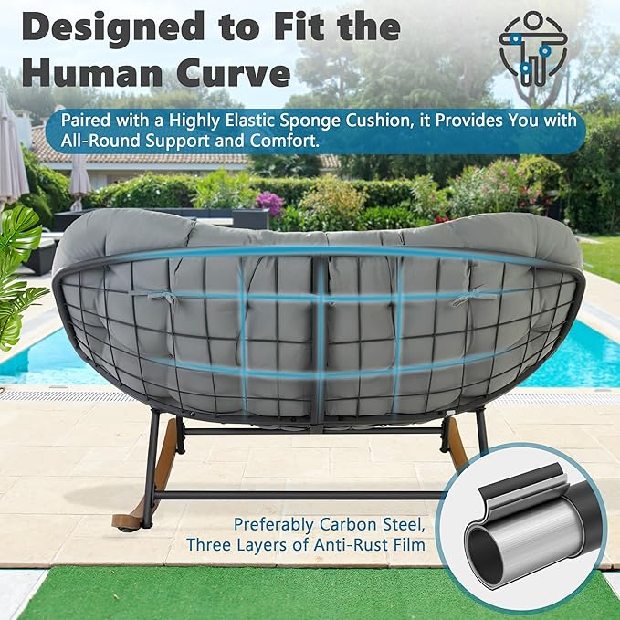 Double Papasan Rocking Chair Outdoor & Indoor, Oversized Rocking Reclining Loveseat with Thick Cushion and Frame, 660LBS Capacity Rocking Egg Chair for Patio Porch Living Room, Gray