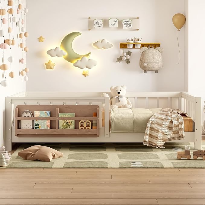 Bellemave Twin Floor Bed with Slats and Safety Guardrail, Twin Size Montessori Floor Bed with Fence and Built-in Bookshelf, Easy Assemble Montessori Beds for Kids, Girls, Boys, Beige