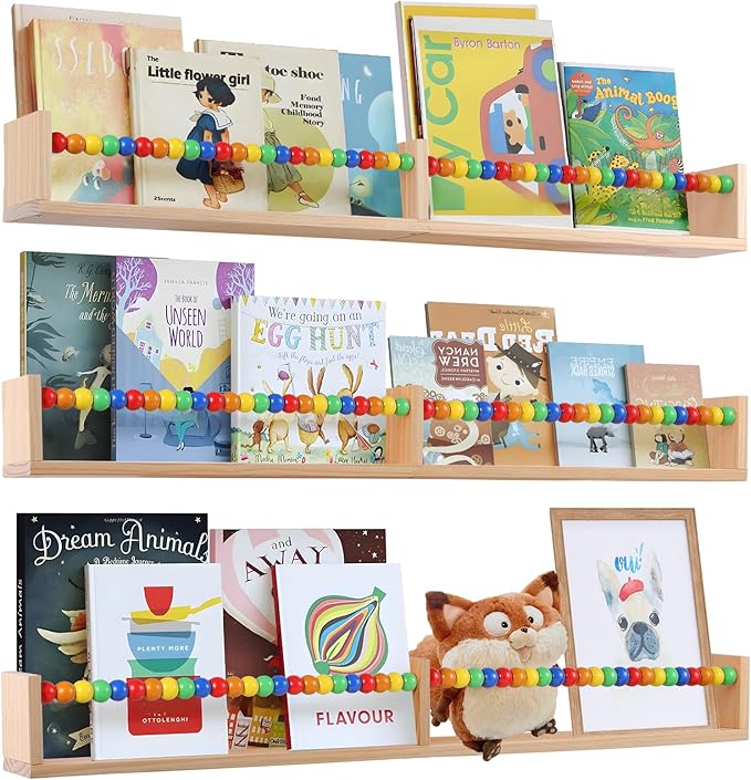 Nursery Book Shelves 32 inches Set of 3,Wall Bookshelves for Kids,Nursery Shelves for Bookshelf Wall,Book Shelf Organizer for Kids(Five-Color Beads)