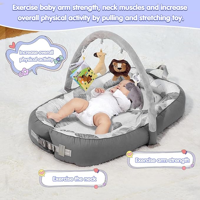Portable Baby Lounger with 4 Toys,Infant Lounger with Fitness Rack, Breathable & Soft Cotton Newborn Lounger Machine-Washable