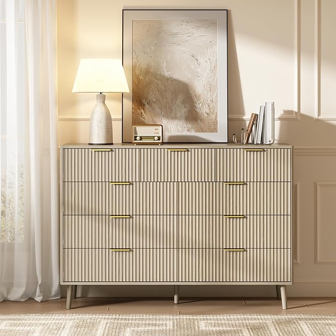 CARPETNAL Fluted 9 Drawer Dresser for Bedroom, 55" Wide Wooden Chest of Drawers with Rounded Corners, Gold Handles, Modern Storage Organizer for Bedroom, Hallway (Beige)