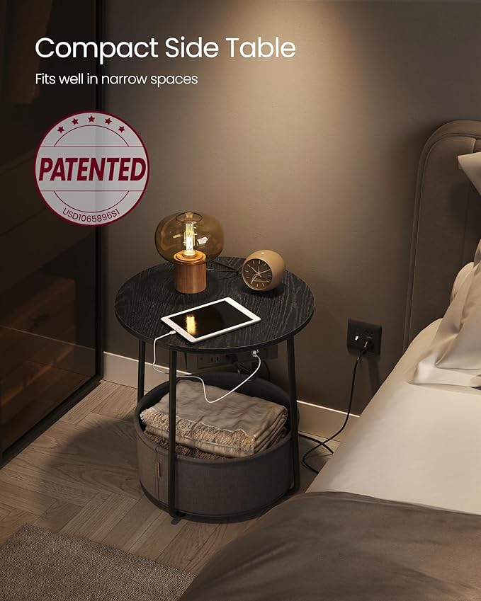 VASAGLE LILEA Collection - Side Table with Charging Station, Round End Table with Fabric Basket, Nightstand with USB Ports, for Living Room, Bedroom, Modern, Ebony Black and Slate Gray ULET228B01