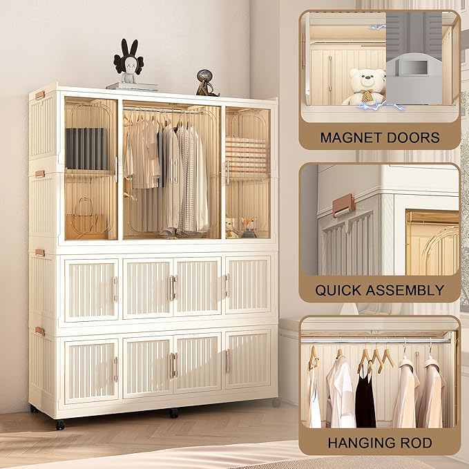 Kids Portable Wardrobe Closet Organizer with Magnetic Doors, 12 Cubes & 1 Hanging Rod, 6 PCS Hangers, Children's Plastic Wardrobe Closet for Bedroom Storage, Large Baby Wardrobe Storage Cabinet