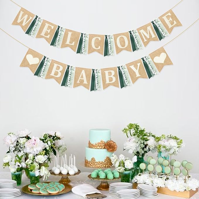 Welcome Baby Heart Burlap Pennant Banner Flag Felt Welcome Baby Sign and Heart Pattern with Sage Green Ribbon for Gender Reveal Neutral Baby Shower Welcome Baby Hello Baby Party Decorations Supplies