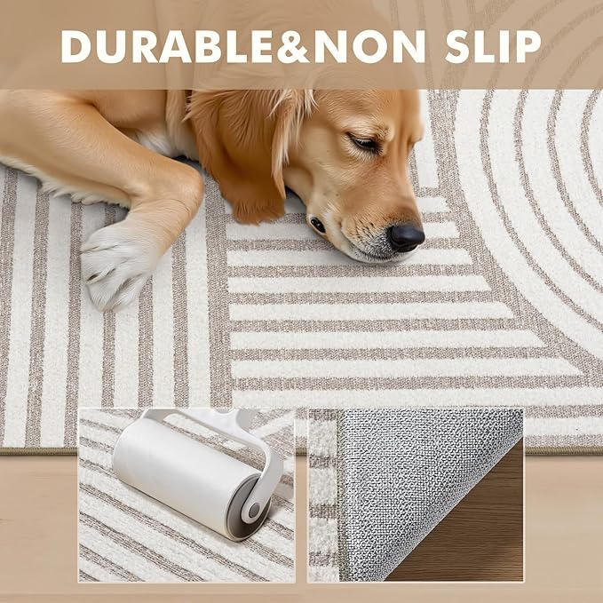 Modern 6x9 Area Rugs Textured Tufted Rugs for Living Room Bedroom Rug-Carpet Cream Ivory Washable Neutral Geometric Moroccan Boho Rug