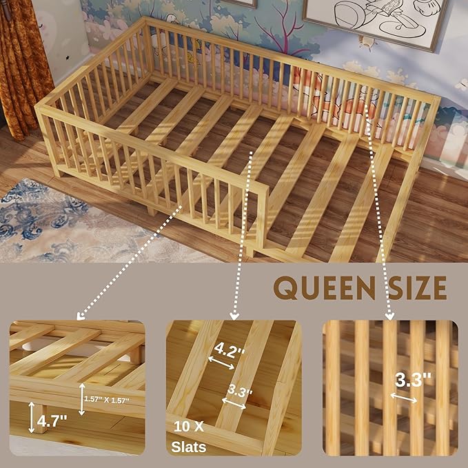 Montessori Floor Bed with Slats for Toddler 60'' x 80'' Queen Size | Pine Wood Natural Solid Frame Bed | Sturdy Design Floor Bed Frame for Boy and Girls (Queen, Height : 19 Inches)