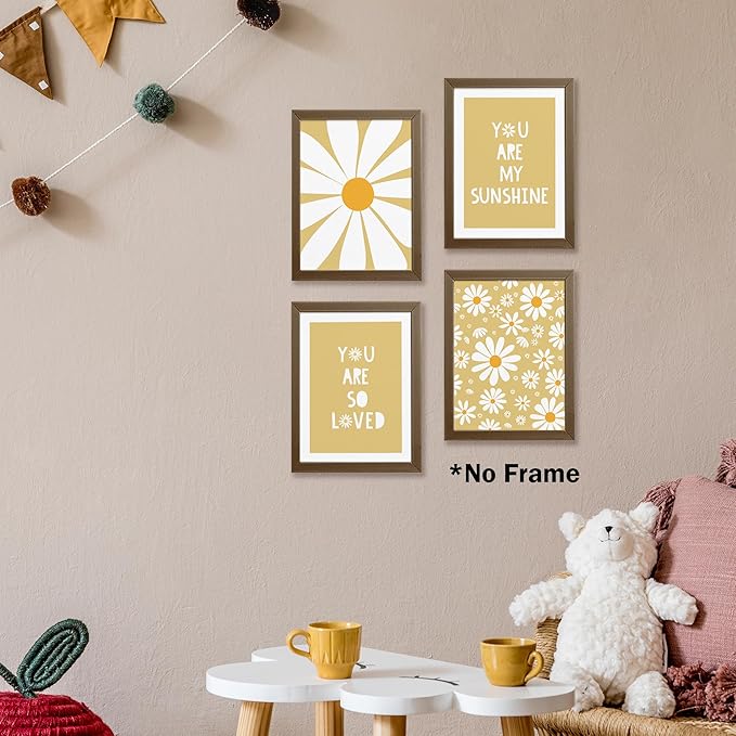 AEHIE Boho Yellow Daisy Flower Decor Wall Art Print, You Are My Sunshine Poster Prints for Baby Girls Room Nursery Decor, Spring Aesthetic Floral Wall Art Print for Home, 4pcs 12x16inch
