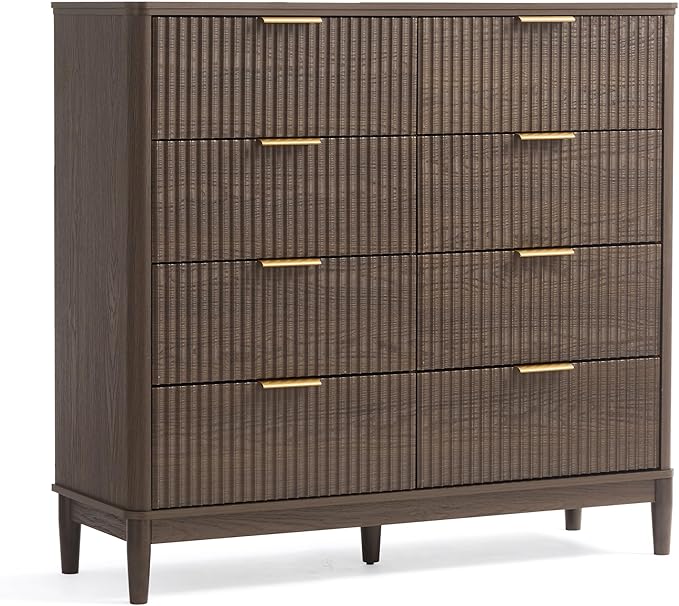LINSY HOME Fluted Dresser for Bedroom with 8 Drawers, 47" Wide Mid Century Modern Dressers, Tall Boho Chest of Drawer, Large Wood Accent Storage Cabinet for Living Room, Curved Profile Design, Walnut