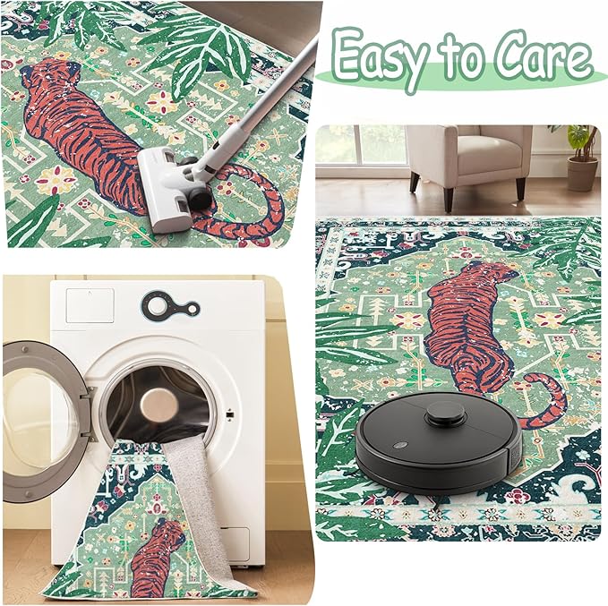 6x9 Washable Non-Slip Green Tiger Rug for Living Room Bedroom Dining Room Neutral Vintage Tropical Animal Cheetah Print Jungle Rug Soft Cozy Woodland Large Carpet for Boys Room Playroom
