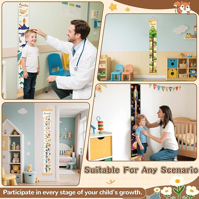 Personalized Name Kid Growth Chart for Wall, Flower Canvas Growth Chart Removable, Waterproof Height Chart for Kids Boys Girls Toddler, Playroom Wall Decor Height Measurement for Wall