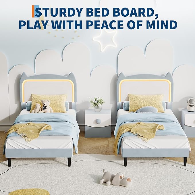 Garvee Twin Upholstered Bed Frame withCute Cat Headboard, Velvet Princess Platform Bed Frame with Sturdy Wood Slats Support for Girls/Kids, No Box Spring Needed, Blue
