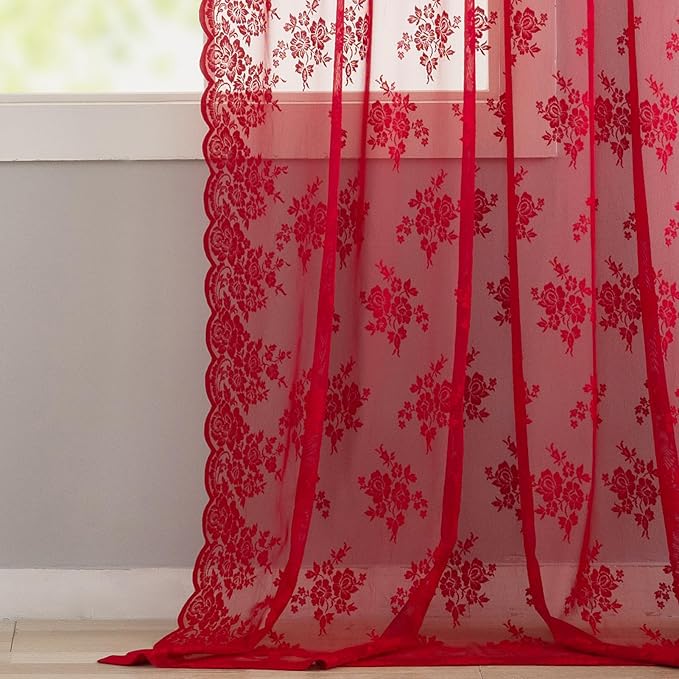 Kotile Red Sheer Curtains 63 Inch Length, W52 x L63 Inch, 2 Panels, Country Rustic Floral Vintage Red Lace Curtains for Bedroom, Rod Pocket Privacy Light Filtering Cottagecore Sheer Window Curtain