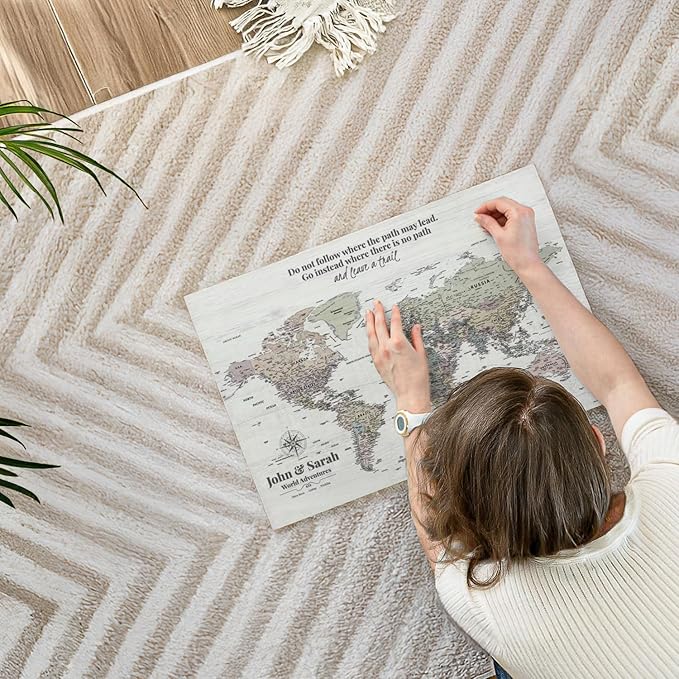 ElephantStock - Personalized Leave A Trail Iii Push Pin World Map Wall Art - Horizontal Canvas Wall Art - Living Room Wall Decor - Digital Art Map Canvas Art - White And Gray Decor - 24" x 16"