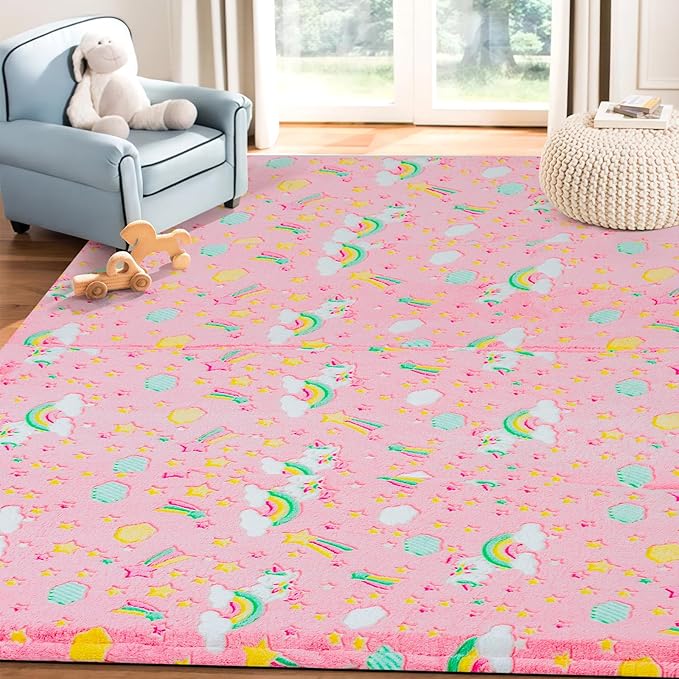 MeMoreCool Kids Floor Futon Mattress, Play Mat Muscle Mat Large 6x4 FT, Thicken Foam Tatami Mattress for Children Play Area, Foldable Sleeping Crawling Pad for Playroom, Pink Rainbow