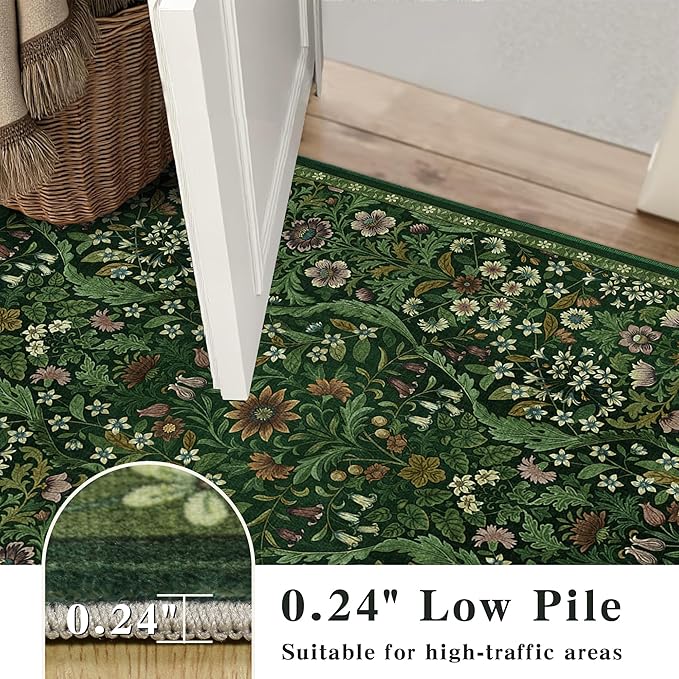 Floral Washable 6x9 Area Rug，Dark Green Boho Rugs for Living Room, Soft Low-Pile Non-Slip Stain Resistant & Non-Shedding Carpet for Bedroom, Dining Room, Office, Entryway, Nursery