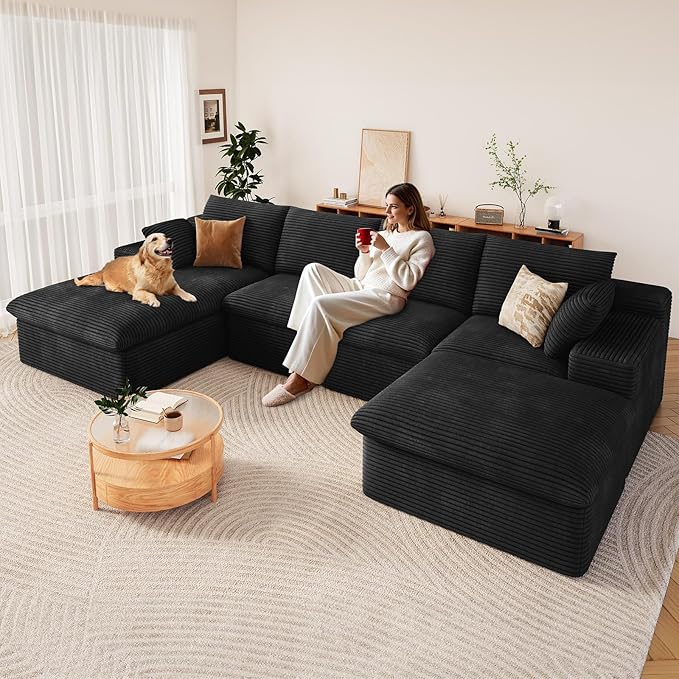 136" Cloud Modular Sectional Sofa with 1 Ottoman, Modern Upholstered Corduroy Couches, Comfort U Shaped Sofa for Living Room, Deep Seat Boneless Couch, No Assembly Required(Black,Left Facing Chaise)