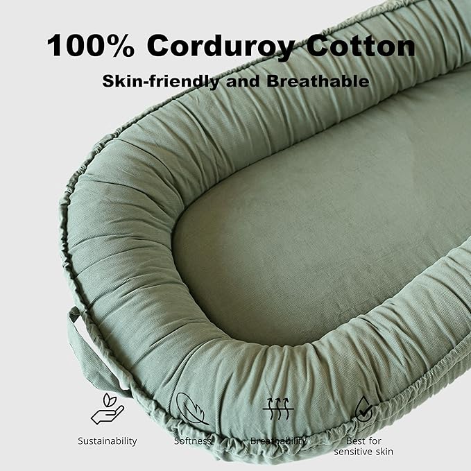 Infant Lounger, Baby Nest Cover for Baby Girls & Boys, Newborn Essentials for Baby 0-12 Months, 100% Cotton Breathable (Sage Green_Corduroy)