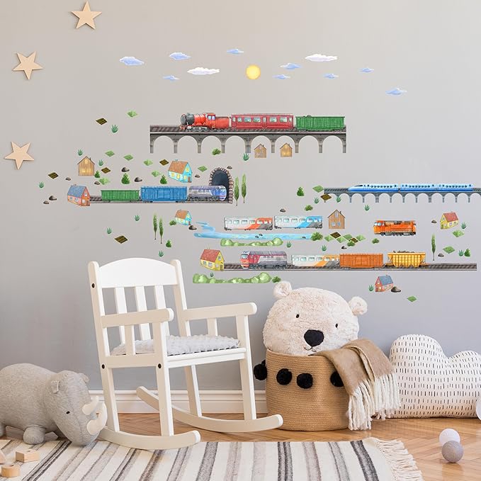 Train Wall Decals for Kids by Lipastick - Educational Railroad Wall Stickers for Boys and Girls - Peel and Stick Locomotive, Carriage, Wagon Wall Decals for Nursery, Playroom, Bedroom Decor -M Size