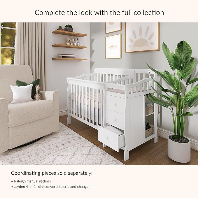 Dream On Me Jayden 4‑in‑1 Mini Convertible Baby Crib & Changer with Storage in White, Pinewood, GreenGuard Gold & JPMA, 1” Mattress Pad, 3 Mattress Heights, Converts to Mini Day & Twin-Size Bed