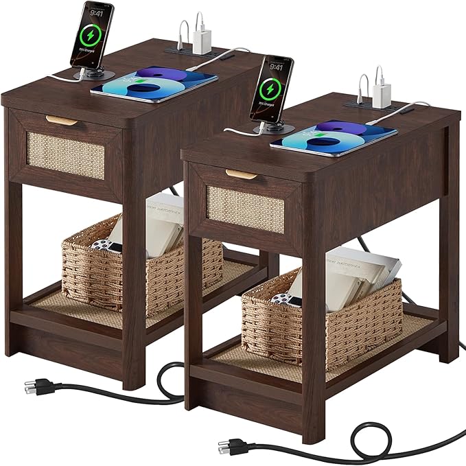 Lerliuo Narrow Night Stand Set of 2 with Charging Station, Boho Nightstand with Drawer, Bed Side End Table with Rattan Shelf for Small Spaces, Wood Nightstands Bedside Tables for Living Room Bedroom