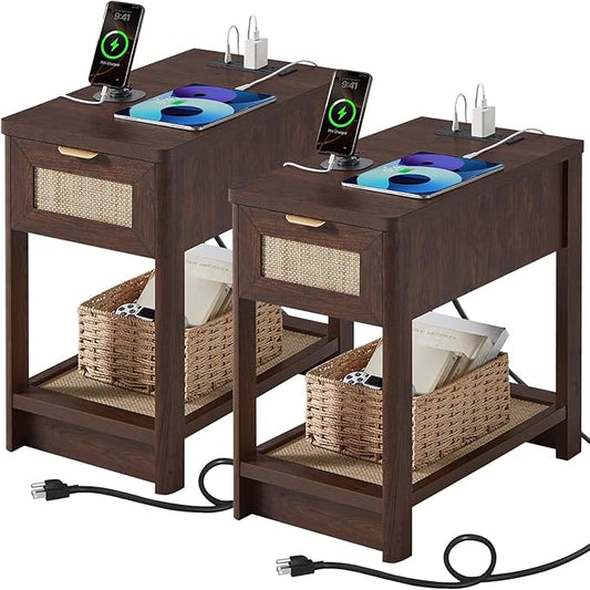 Lerliuo Narrow Night Stand Set of 2 with Charging Station, Boho Nightstand with Drawer, Bed Side End Table with Rattan Shelf for Small Spaces, Wood Nightstands Bedside Tables for Living Room Bedroom