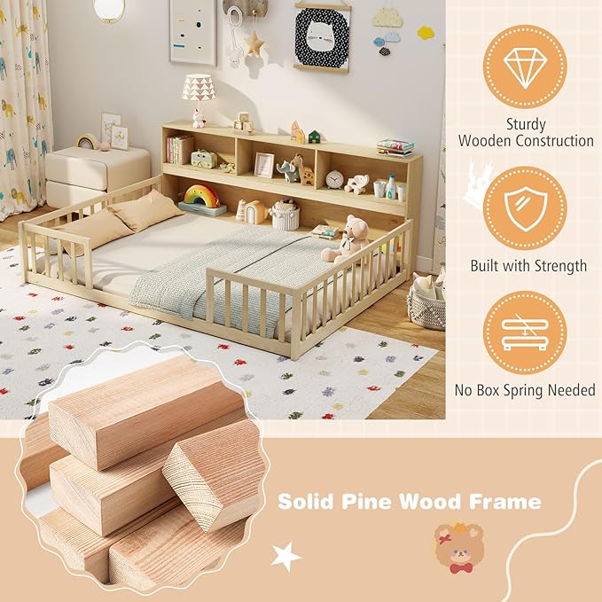 Giantex Full Size Floor Bed for Kids, Wooden Montessori Bed Frame with Bookcase, Storage Shelves & Safety Fence Rails, Floor Beds Full for Girls, Boys, No Box Spring Needed, Without Slats, Natural