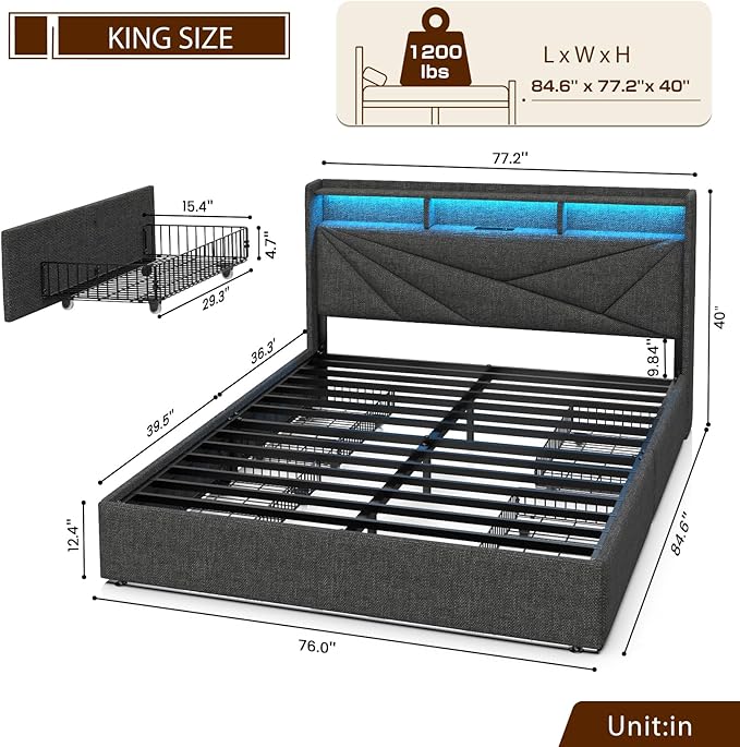 LED King Size Bed Frame with 4 Storage Drawers, Upholstered King Bed Frame with 2-Tier Headboard and Charging Station, No Box Spring Needed, Easy to Assembly - Dark Grey