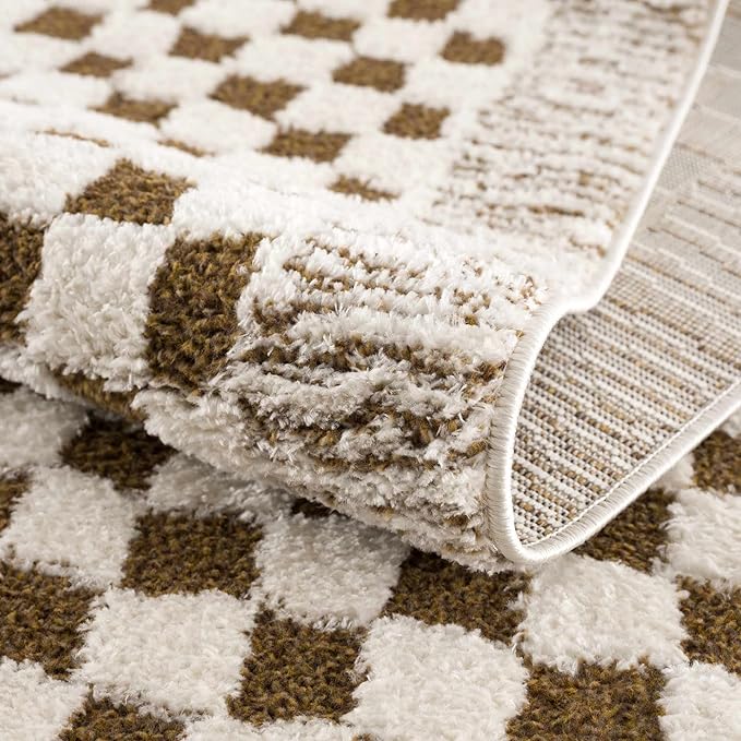 Hauteloom Leryn Living Room, Bedroom Area Rug - Checkered - High Pile - Bone - 6'7" x 9'