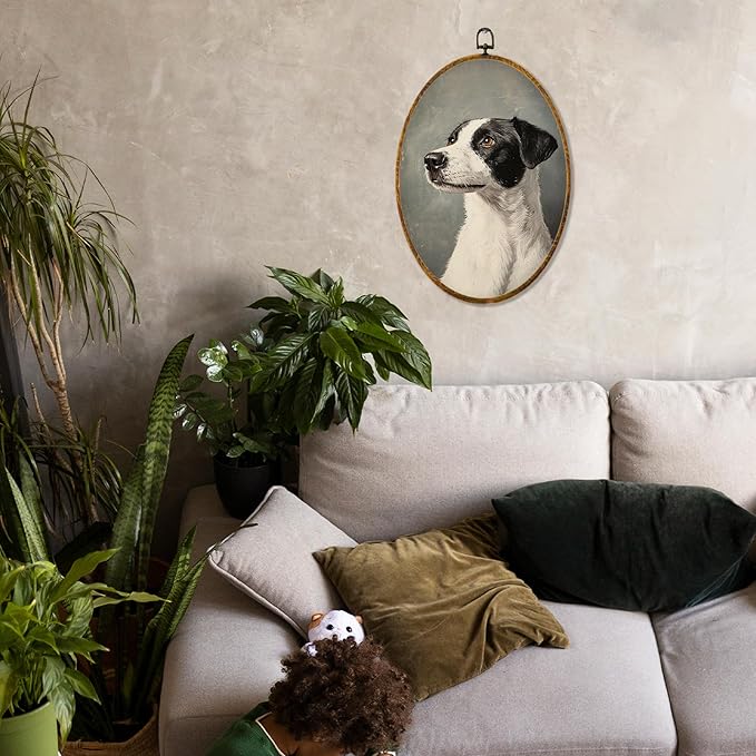 Hiuwevt Vintage Dog Oval Wall Art Decor, Antique Dog Gifts Framed Canvas Prints, Rustic Retro Puppy Oval Wall Hanging Decor for Home Gallery Decorations, 8.6x11.4 Inches
