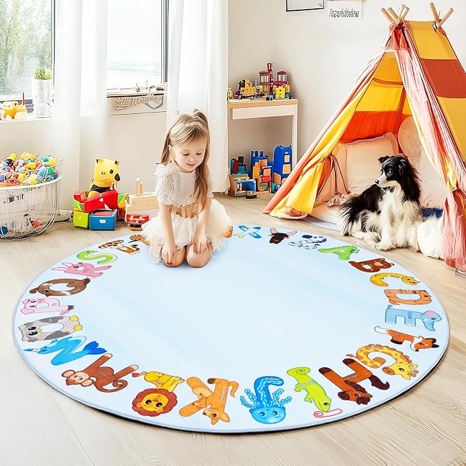 Kids Rugs for Playroom, 4'x4' Round Educational Rug for Learn The ABC Alphabet, Soft Machine Washable Non-Slip Cute Animal Carpet for Classroom Toddler Nursery Kids Room Decor Mat, Blue