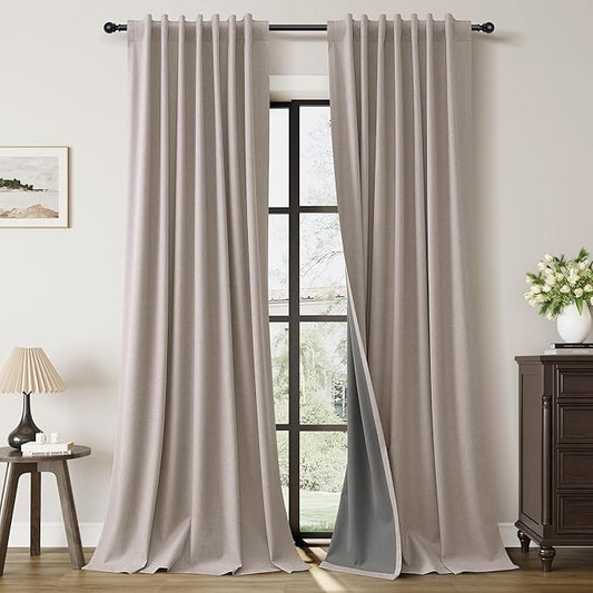 Guken Apricot Linen 100% Black Out Curtains for Bedroom Windows 96 Inch Length 2 Panels Set Hook Belt Linen Textured Light Blocking Thermal Insulated Curtains for Living Room Apricotbuff 52x96 8Ft