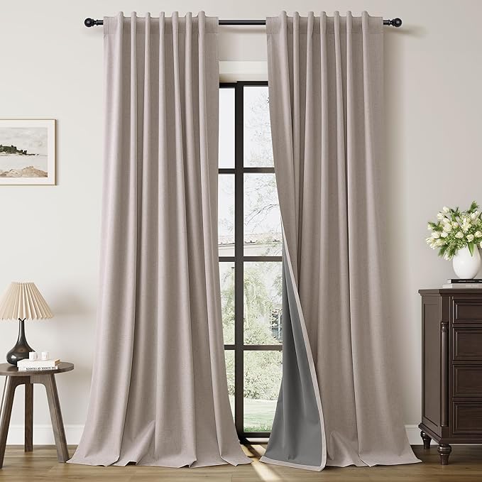 Guken Apricot Linen Black Out Living Room Drapes Curtains 84 Inch Length 2 Panels Set Rustic Elegant 100% Blackout Thermal Insulated Back Tab Hook Belt Curtains for Dining Room Nursery 52x84 7Ft