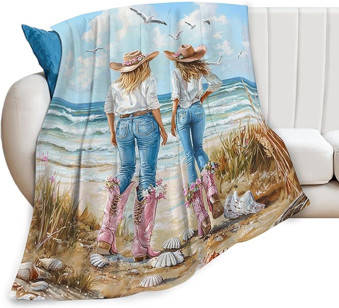 Coastal Cowgirl Blanket Cowgirl Beach Decor Throw Blanket Super Soft Flannel Lightweight Fluffy Plush Fuzzy Fleece Western Blanket Gifts for Girl Woman Boys Kids Adults Man for Bed Sofa 40"X50"