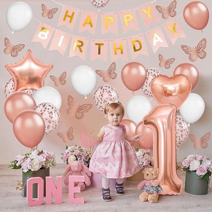 1st Birthday Decoration for Girls, Rose Gold 1st Birthday Balloon, Rose Gold Number 1 Balloon with Butterfly Stickers, Star Heart Foil Balloons Banner Set for Baby 1 Year Old Birthday Party Decor