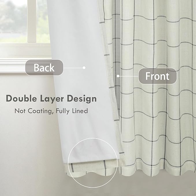 DriftAway 2 Panels 100% Blackout Windowpane Plaid Linen Curtains Double Layer Drapes for Bedroom 72 Inches Long Farmhouse Thermal Insulated 3.25 Inch Rod Pocket Back Tab for Living Room Black