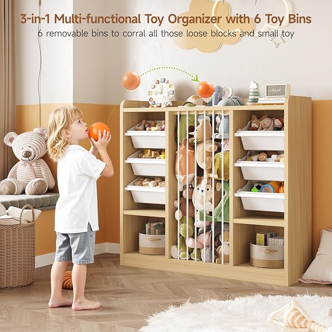 ONBRILL Toy Storage Organizer with 6 Removable Plastic Bins, Toddler Stuffed Animal Storage, Toy Box Cabinet with 2 Open Cubbies, Book Shelf for Kids Room Playroom Bedroom Nursery (Maple Wood)