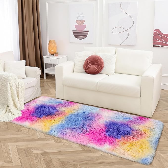Hot Pink Rainbow Rug for Girls Bedroom Runner 2x6, Fluffy Soft Bedroom Runner Rug for Bedside, High Pile Plush Shag Carpet for Kids Room Living Room Hallway Nursery Unicorn Home Decor Tie Dyed