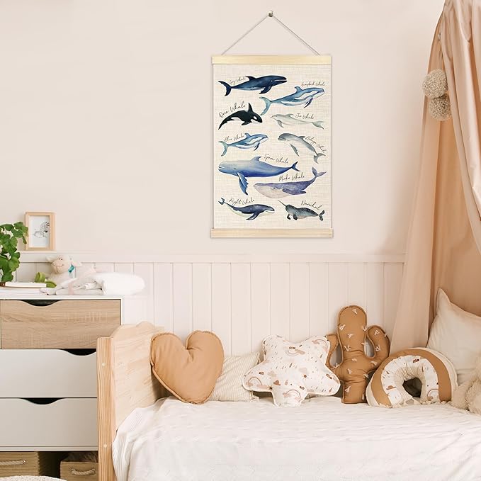 Ecezatik Species of Whales Wall Art with Wooden Poster Hanger, Whale Posters, Beach Room Decor, Ocean Room Decor, Whale Wall Art Decor for for Classroom Nursery Kids Room Playroom, 16x24 Inch