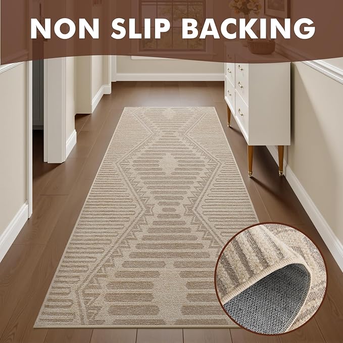 Boho Beige 2x6 ft Runner Textured Tufted Rugs for Hallway Kitchen Bedroom Entryway Long Non Slip-Carpet Washable Cream Neutral Modern Geometric Moroccan Aztec Rug