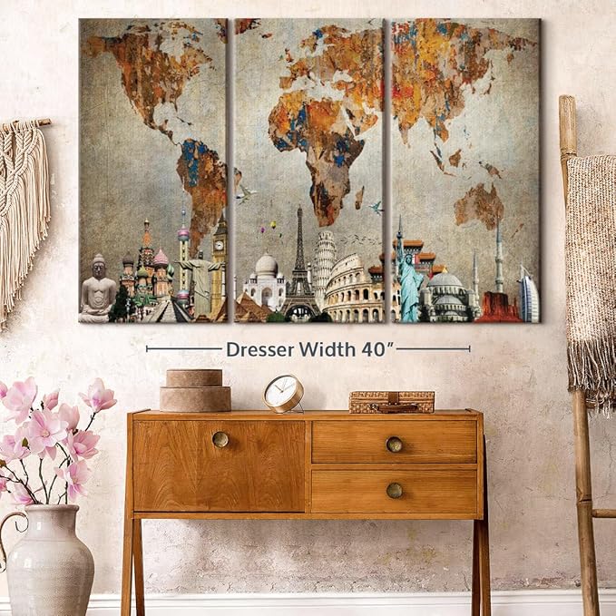 ElephantStock Rusty World Map Multi Piece Canvas - 3 Piece Canvas World Map Wall Decor - Wall Decor - Ready-to-Hang Print - Vintage Wall Art - 57" X 36"